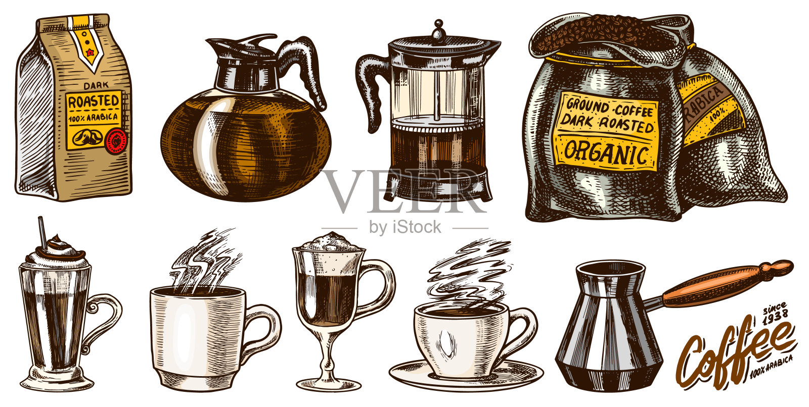 复古咖啡。一袋谷物,肉桂棒,一个杯子,一个茶壶,一个咖啡壶。手绘雕刻的标签的复古草图插画素材